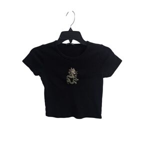 Brandy Melville Dragon Embroidered Black Crop Top One Size Stretchy